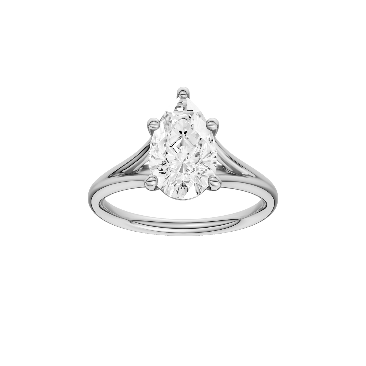 A front view of the Pear cut diamond engagement ring in 14k white gold with a plain band and split setting