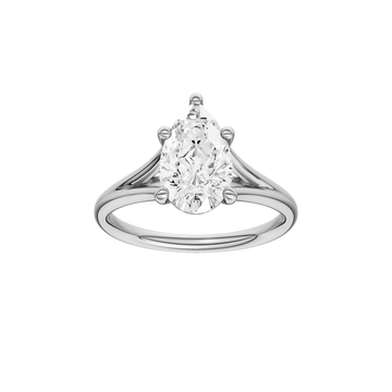 A front view of the Pear cut diamond engagement ring in 14k white gold with a plain band and split setting
