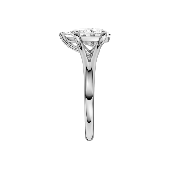 A side view of the Pear cut diamond engagement ring in platinum with a plain band and split setting