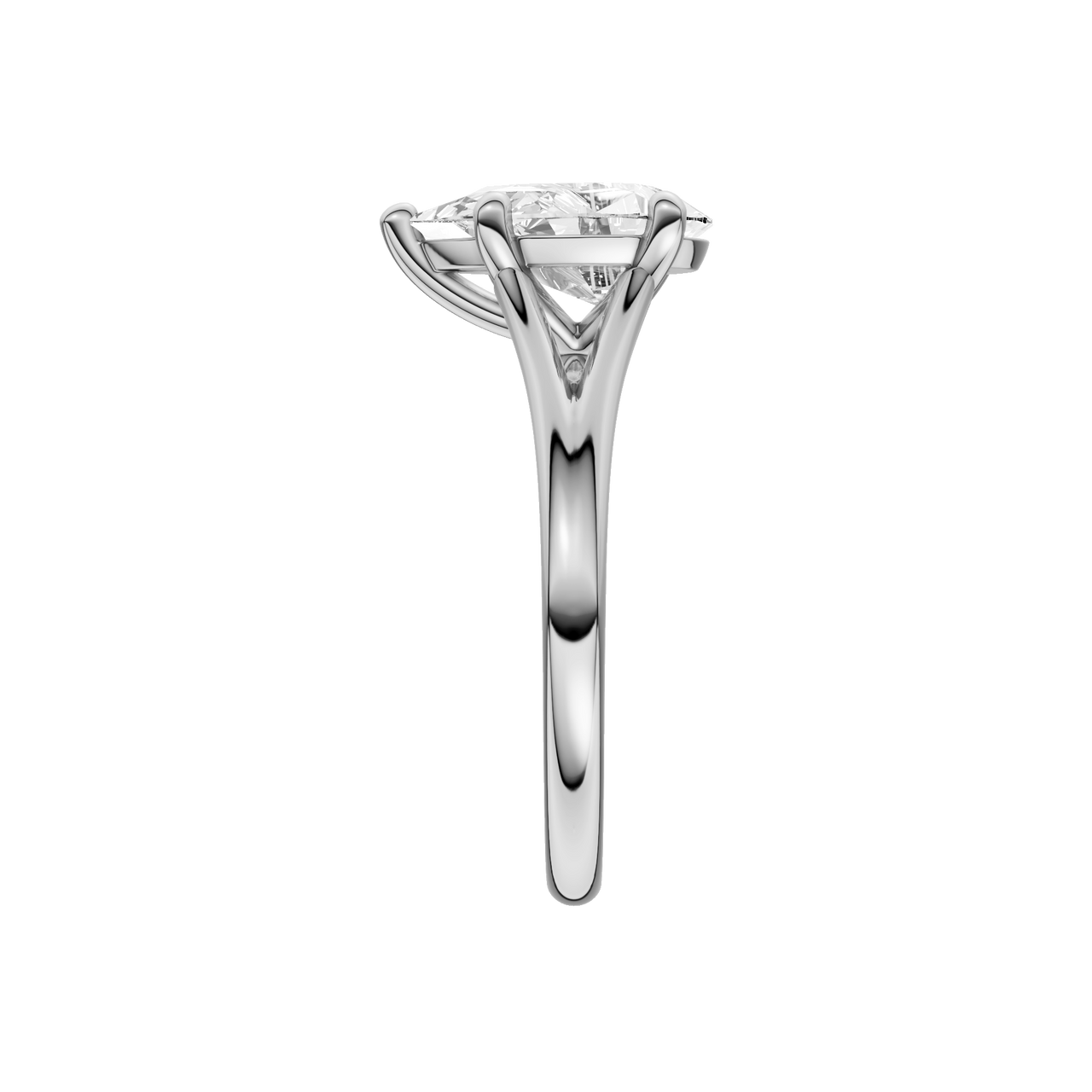 A side view of the Pear cut diamond engagement ring in platinum with a plain band and split setting