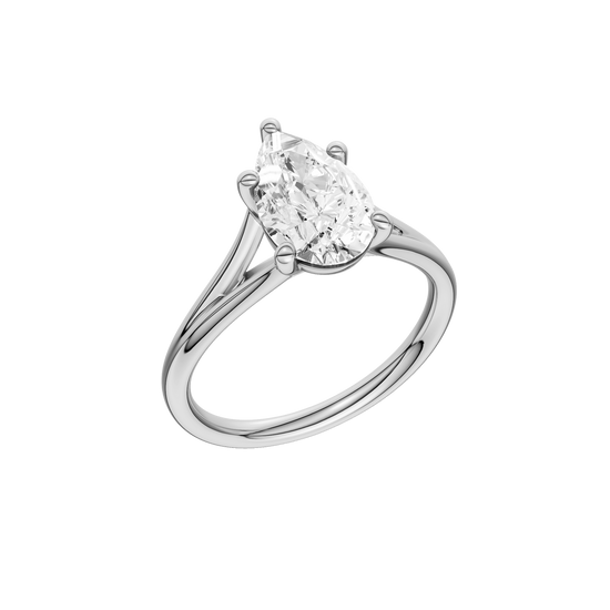 A profile view of the Pear cut diamond engagement ring in 14k white gold with a plain band and split setting