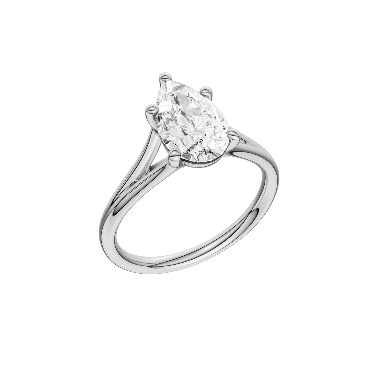 A three-quarter view of the Pear cut diamond engagement ring in platinum with a plain band and split setting
