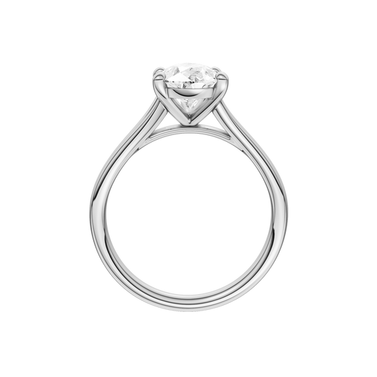 A profile view of the Pear cut diamond engagement ring in platinum with a plain band and split setting