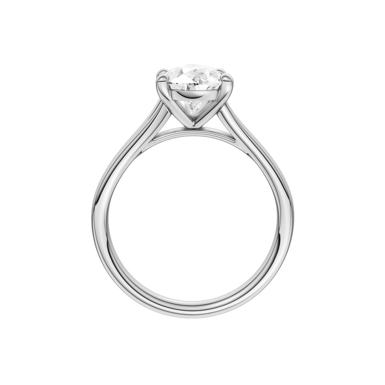 A profile view of the Pear cut diamond engagement ring in platinum with a plain band and split setting