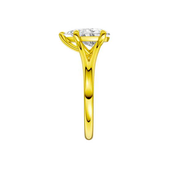 A side view of the Pear cut diamond engagement ring in 14k yellow gold with a plain band and split setting