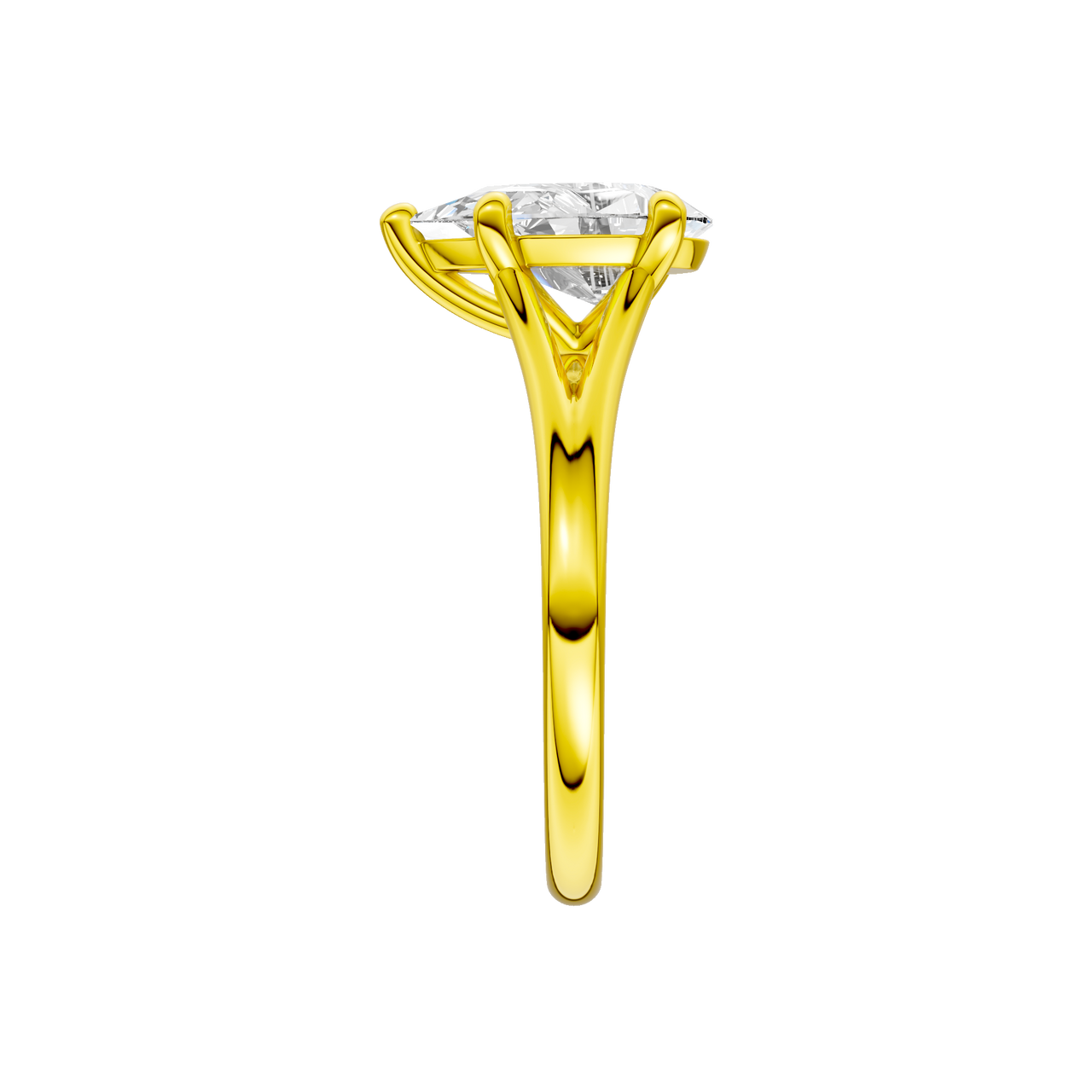 A side view of the Pear cut diamond engagement ring in 14k yellow gold with a plain band and split setting