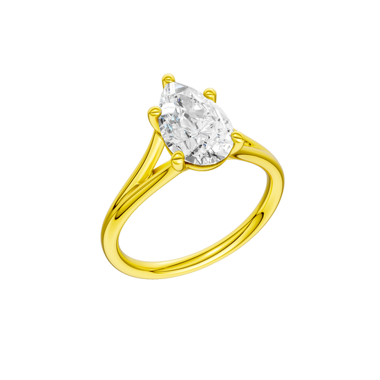 A three-quarter view of the Pear cut diamond engagement ring in 14k yellow gold with a plain band and split setting