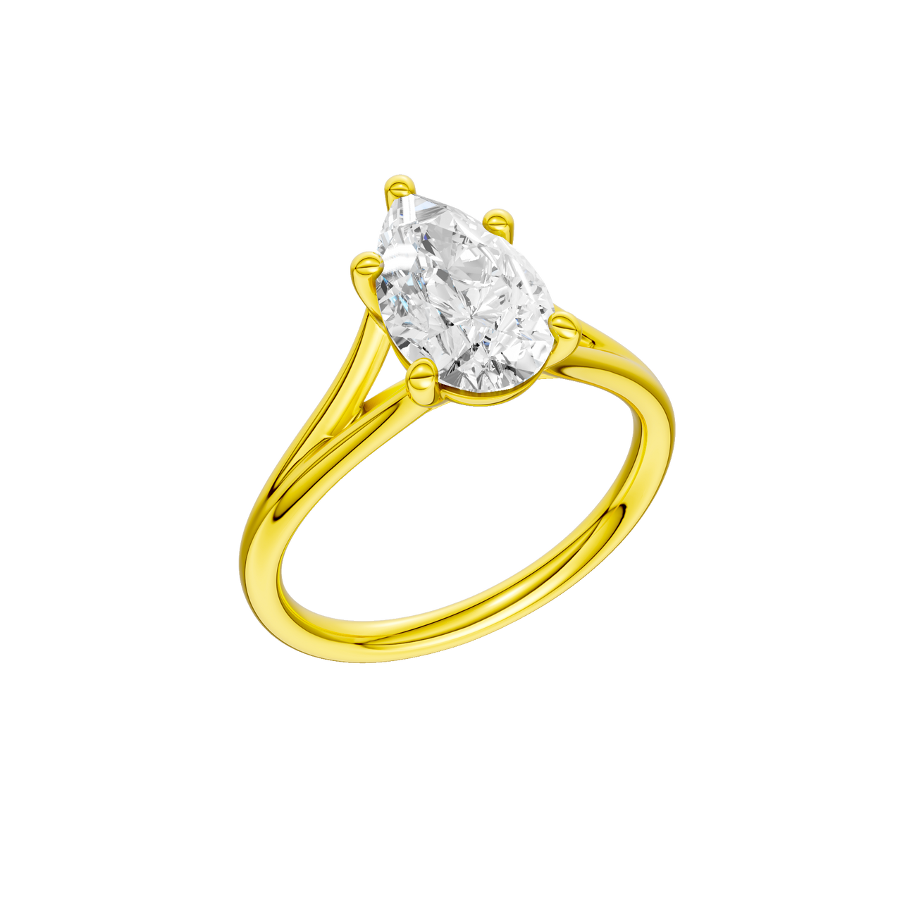 A three-quarter view of the Pear cut diamond engagement ring in 14k yellow gold with a plain band and split setting