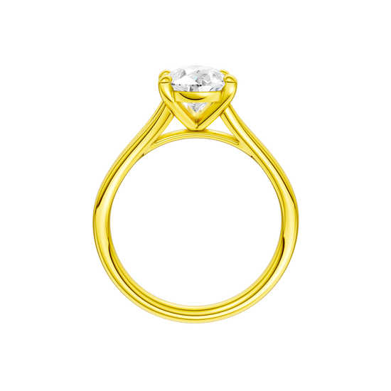 A profile view of the Pear cut diamond engagement ring in 14k yellow gold with a plain band and split setting