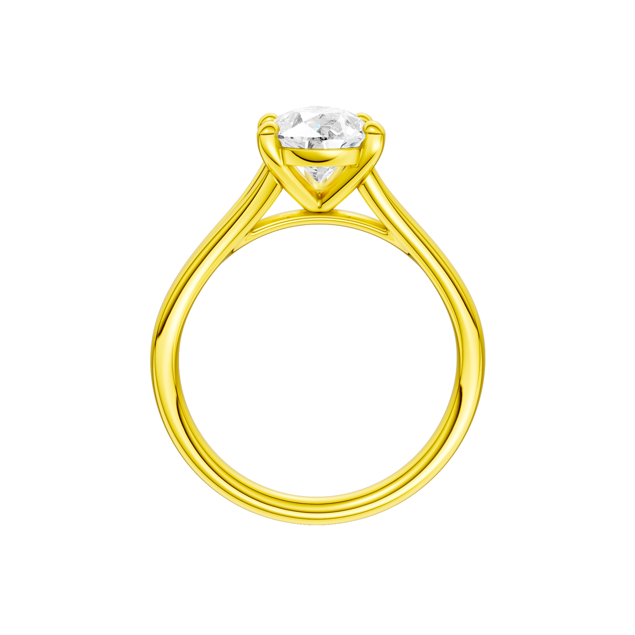 A profile view of the Pear cut diamond engagement ring in 14k yellow gold with a plain band and split setting
