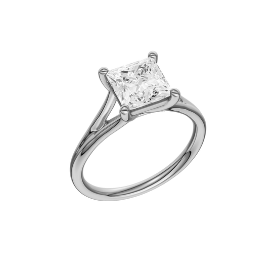 A three-quarter view of the Princess cut diamond engagement ring in 14k white gold with a plain band and solitaire setting