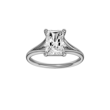 A front view of the Radiant cut diamond engagement ring in 14k white gold with a plain band and split setting