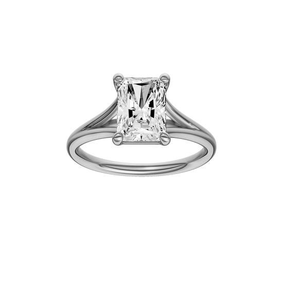A front view of the Radiant cut diamond engagement ring in platinum with a plain band and split setting