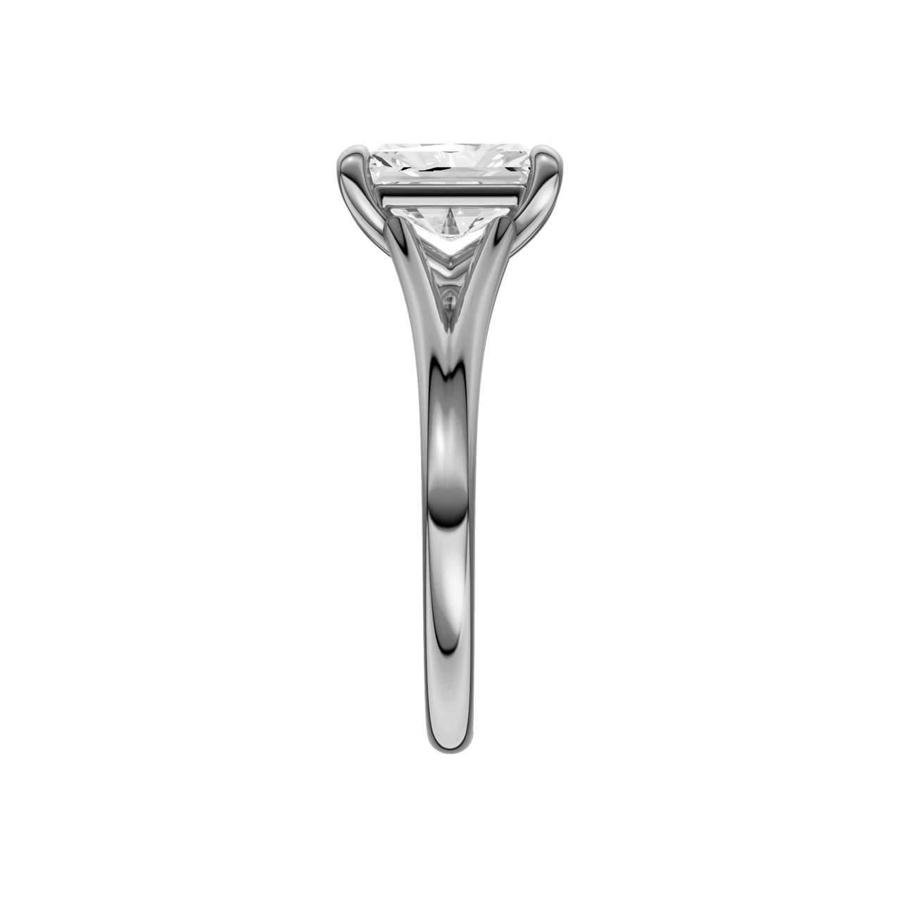 A side view of the Radiant cut diamond engagement ring in 14k white gold with a plain band and split setting
