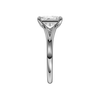 A side view of the Radiant cut diamond engagement ring in platinum with a plain band and split setting