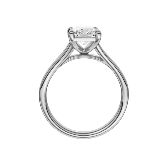 A profile view of the Radiant cut diamond engagement ring in 14k white gold with a plain band and split setting