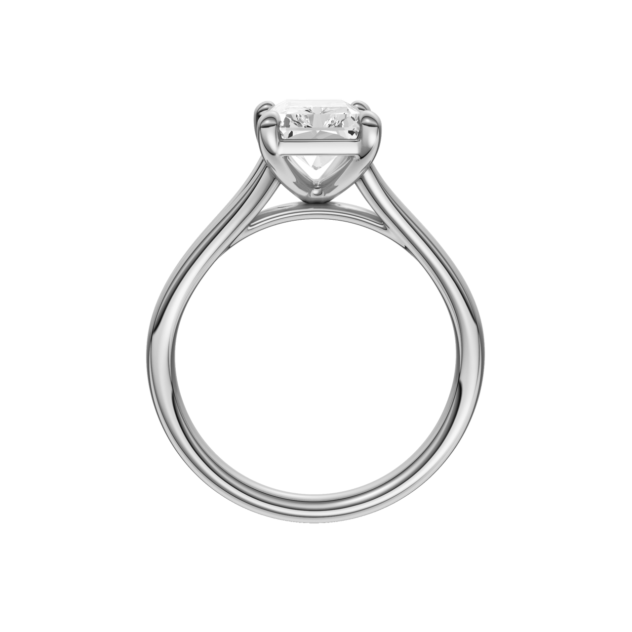 A profile view of the Radiant cut diamond engagement ring in 14k white gold with a plain band and split setting