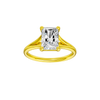 A front view of the Radiant cut diamond engagement ring in 14k yellow gold with a plain band and split setting
