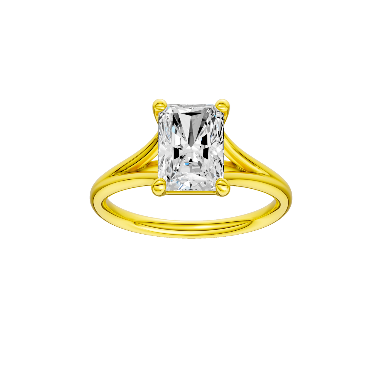 A front view of the Radiant cut diamond engagement ring in 14k yellow gold with a plain band and split setting