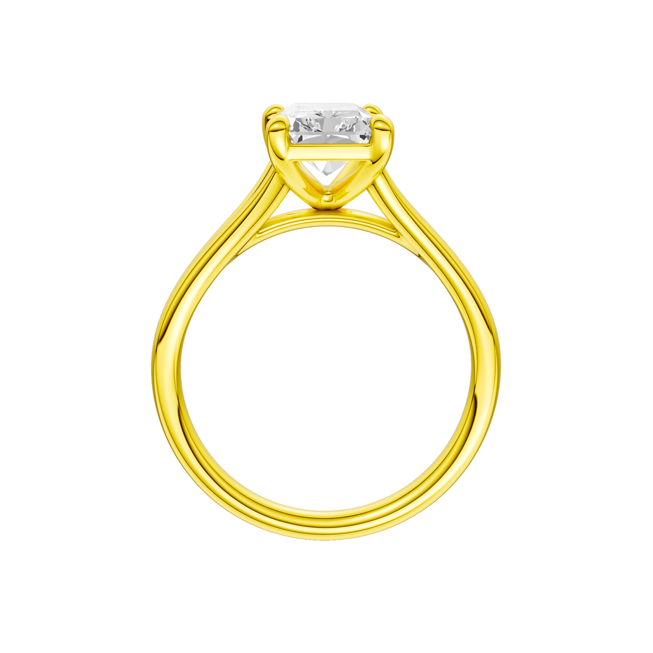 A profile view of the Radiant cut diamond engagement ring in 14k yellow gold with a plain band and split setting