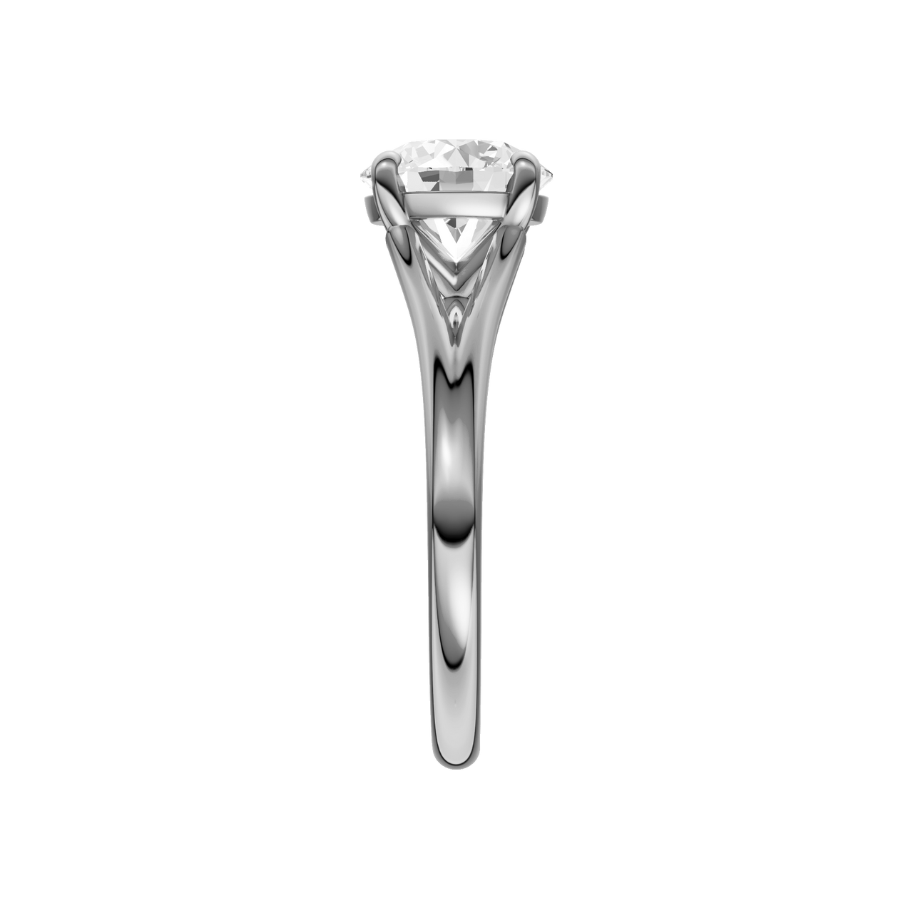 A side view of the Round cut diamond engagement ring in 14k white gold with a plain band and solitaire setting