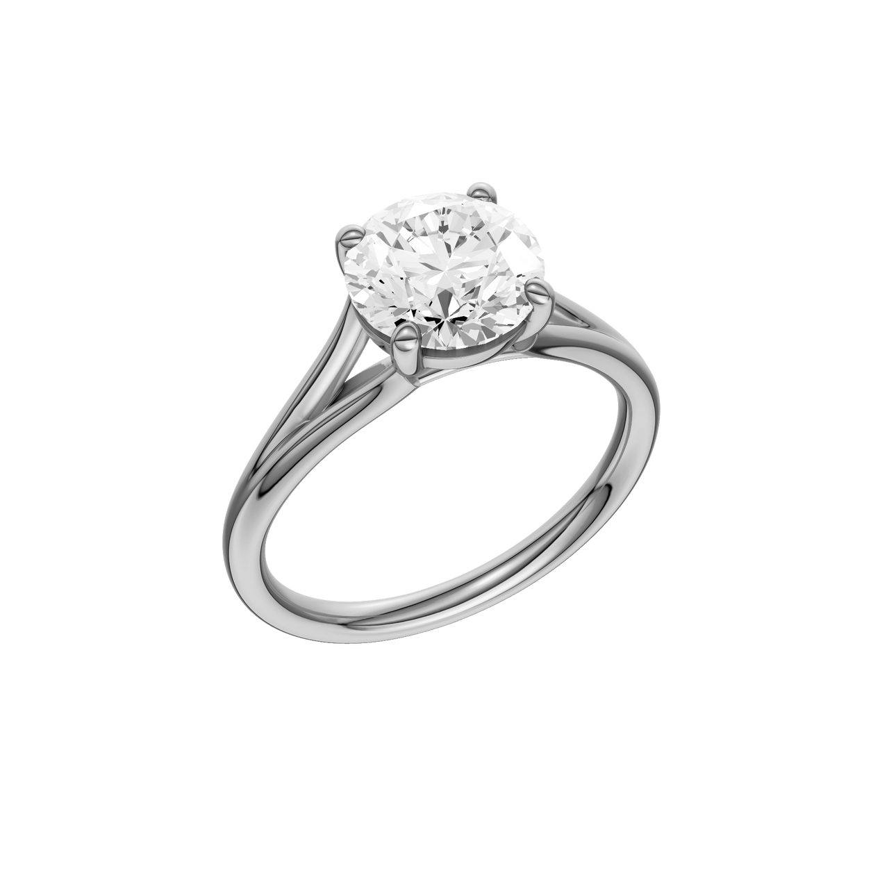 A three-quarter view of the Round cut diamond engagement ring in platinum with a plain band and solitaire setting