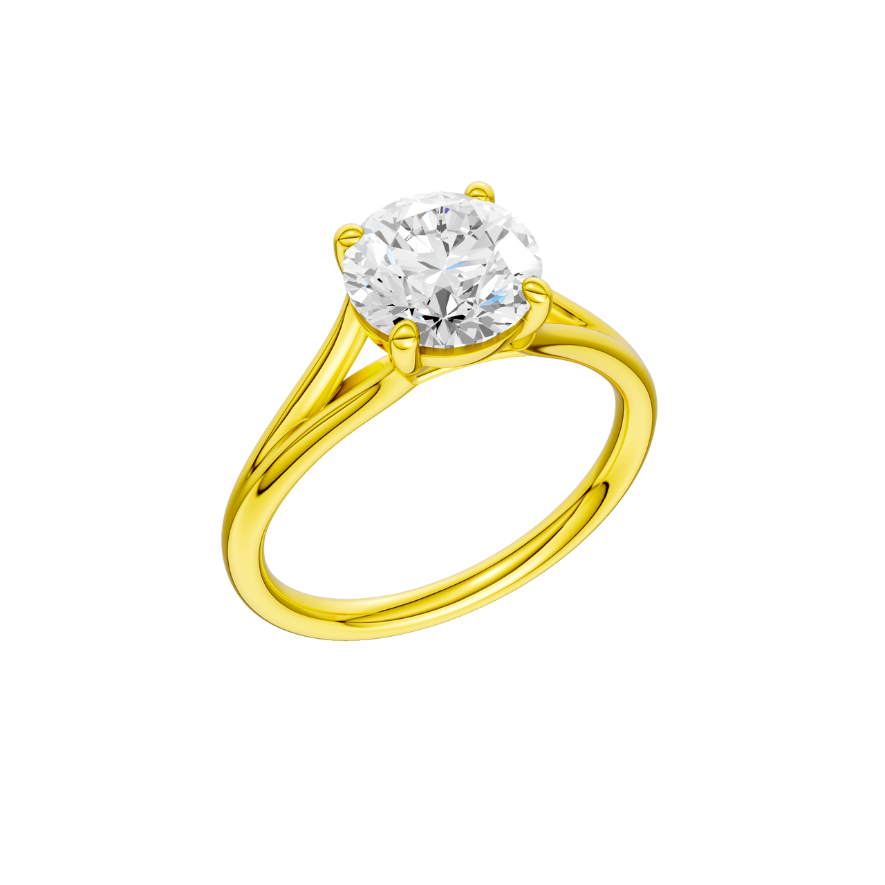 A three-quarter view of the Round cut diamond engagement ring in 14k yellow gold with a plain band and solitaire setting