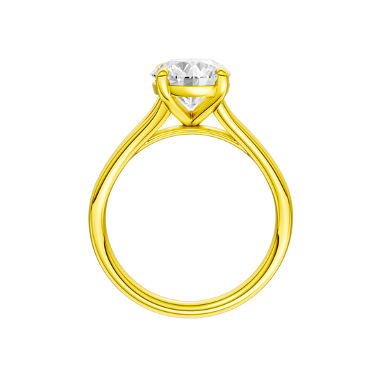 A profile view of the Round cut diamond engagement ring in 14k yellow gold with a plain band and solitaire setting