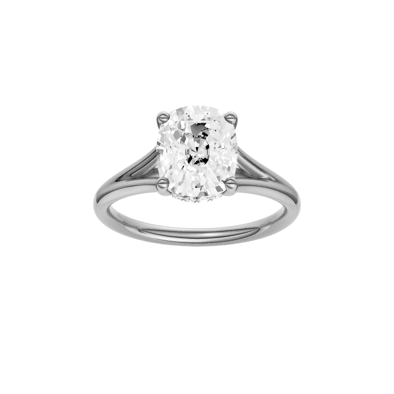 A front view of the Elongated Cushion cut diamond engagement ring in platinum with a plain band and hidden halo setting
