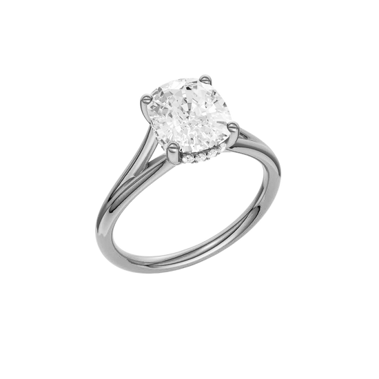 A three-quarter view of the Elongated Cushion cut diamond engagement ring in 14k white gold with a plain band and hidden halo setting