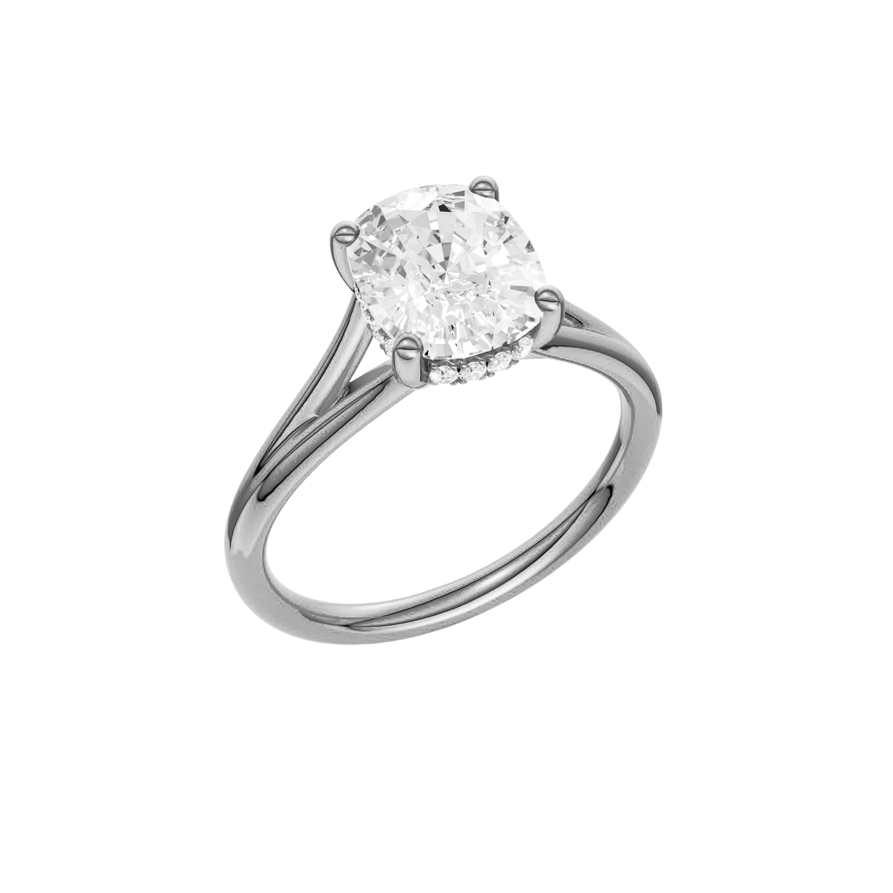 A three-quarter view of the Elongated Cushion cut diamond engagement ring in platinum with a plain band and hidden halo setting