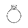 A profile view of the Elongated Cushion cut diamond engagement ring in platinum with a plain band and hidden halo setting