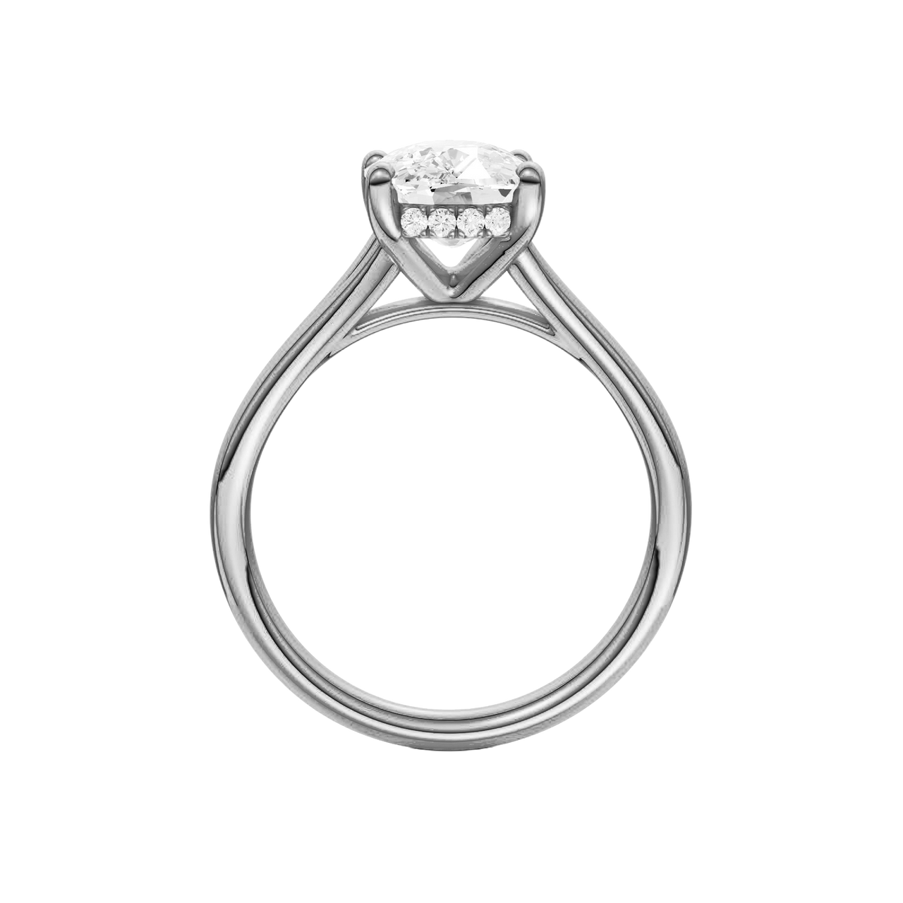 A profile view of the Elongated Cushion cut diamond engagement ring in 14k white gold with a plain band and hidden halo setting