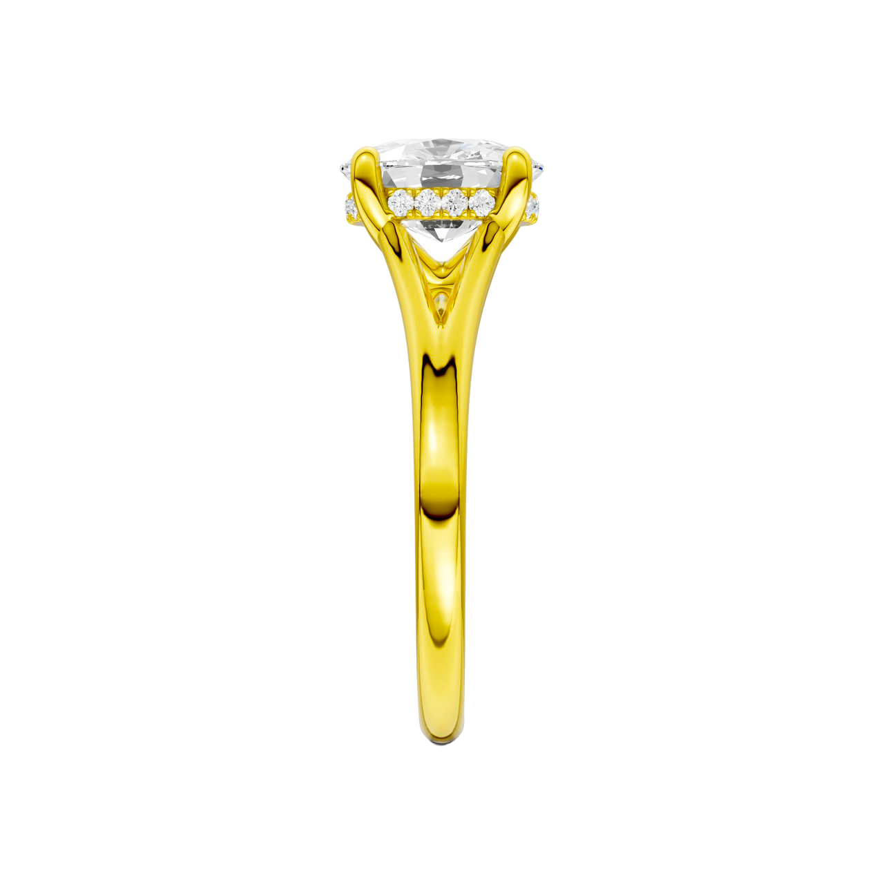 A side view of the Elongated Cushion cut diamond engagement ring in 14k yellow gold with a plain band and hidden halo setting