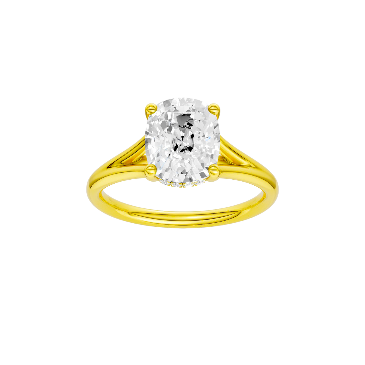 A front view of the Elongated Cushion cut diamond engagement ring in 14k yellow gold with a plain band and hidden halo setting