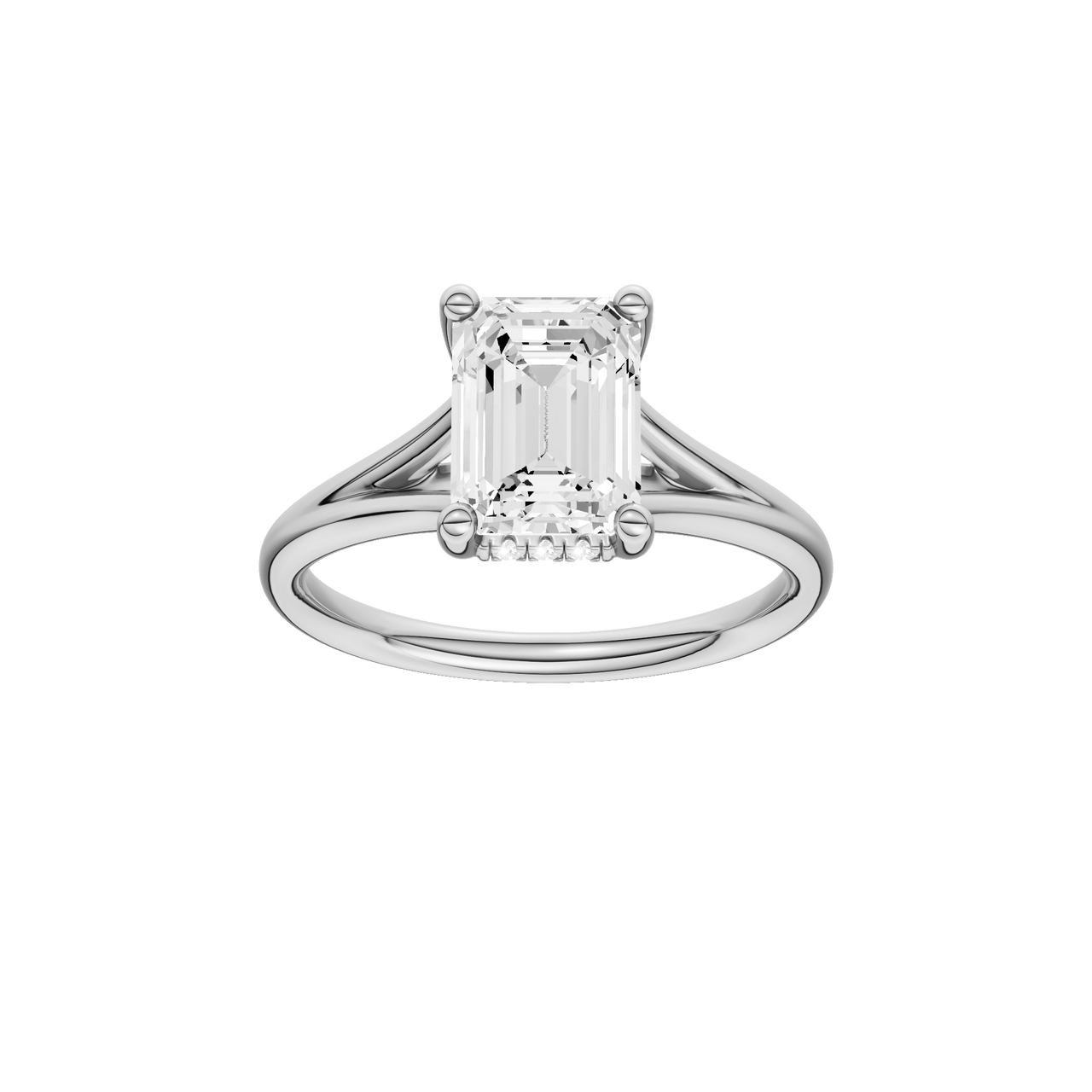 A front view of the Emerald cut diamond engagement ring in 14k white gold with a plain band and hidden halo setting