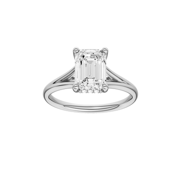 A front view of the Emerald cut diamond engagement ring in 14k white gold with a plain band and hidden halo setting