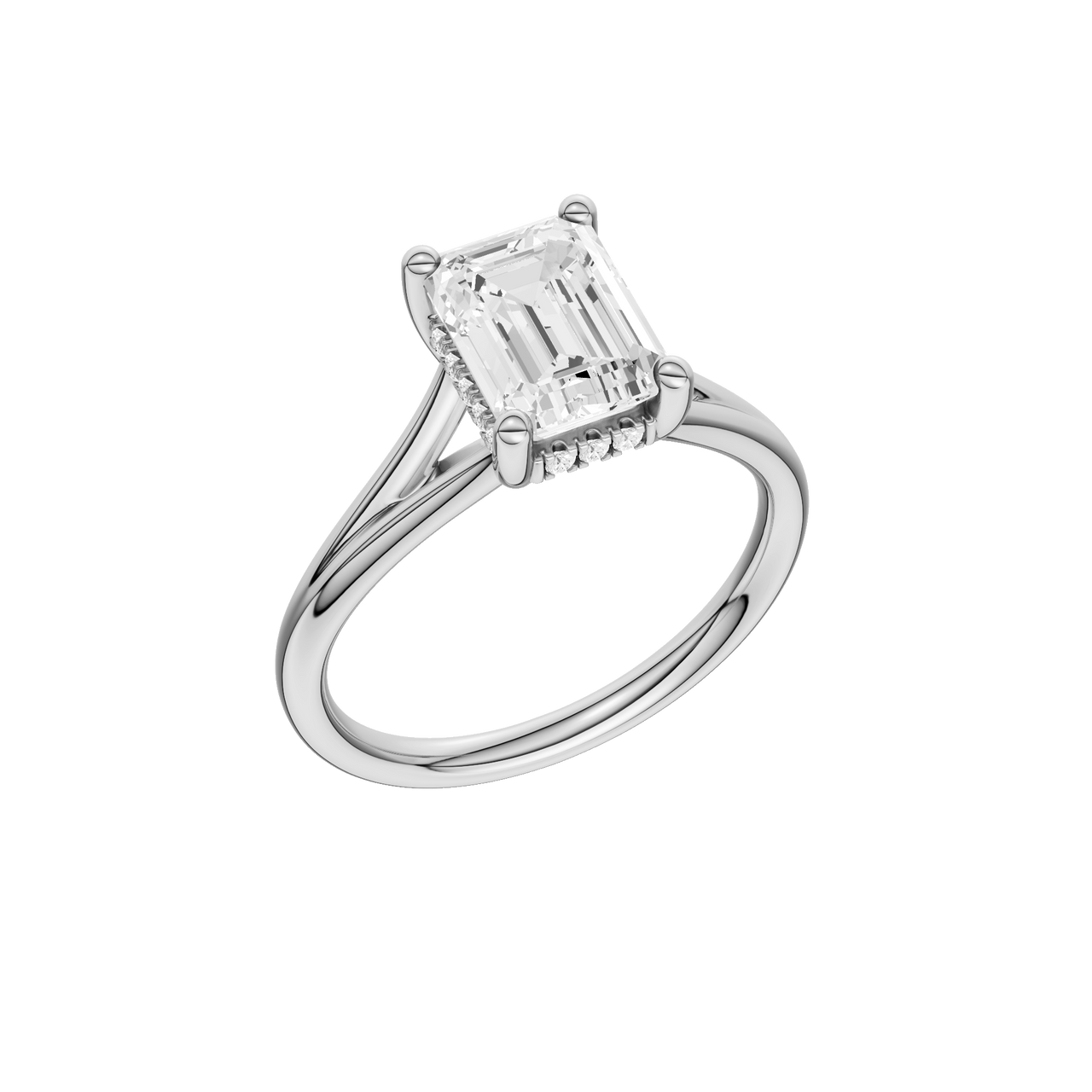 A three-quarter view of the Emerald cut diamond engagement ring in platinum with a plain band and hidden halo setting