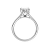 A profile view of the Emerald cut diamond engagement ring in 14k white gold with a plain band and hidden halo setting
