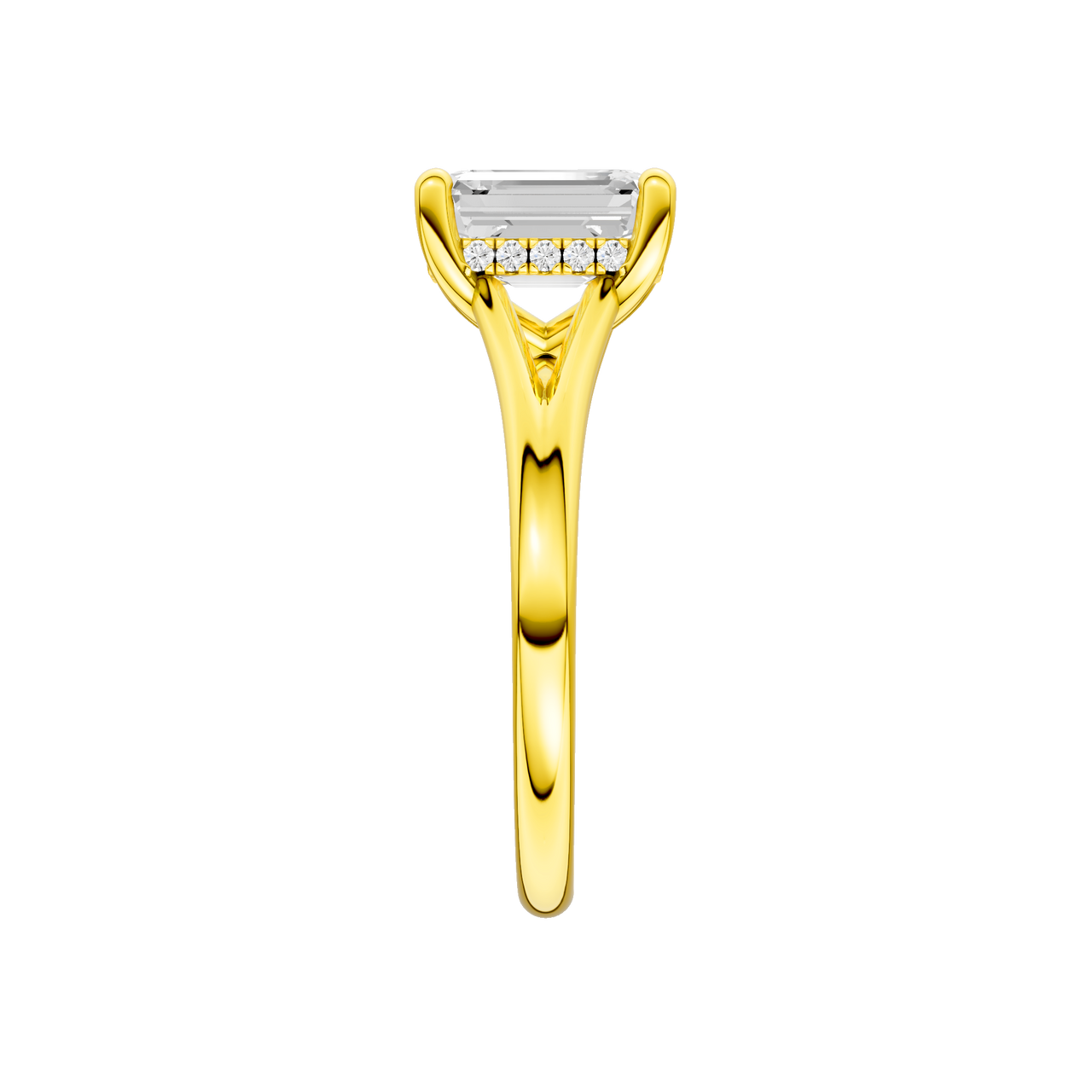 A side view of the Emerald cut diamond engagement ring in 14k yellow gold with a plain band and hidden halo setting