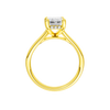 A profile view of the Emerald cut diamond engagement ring in 14k yellow gold with a plain band and hidden halo setting