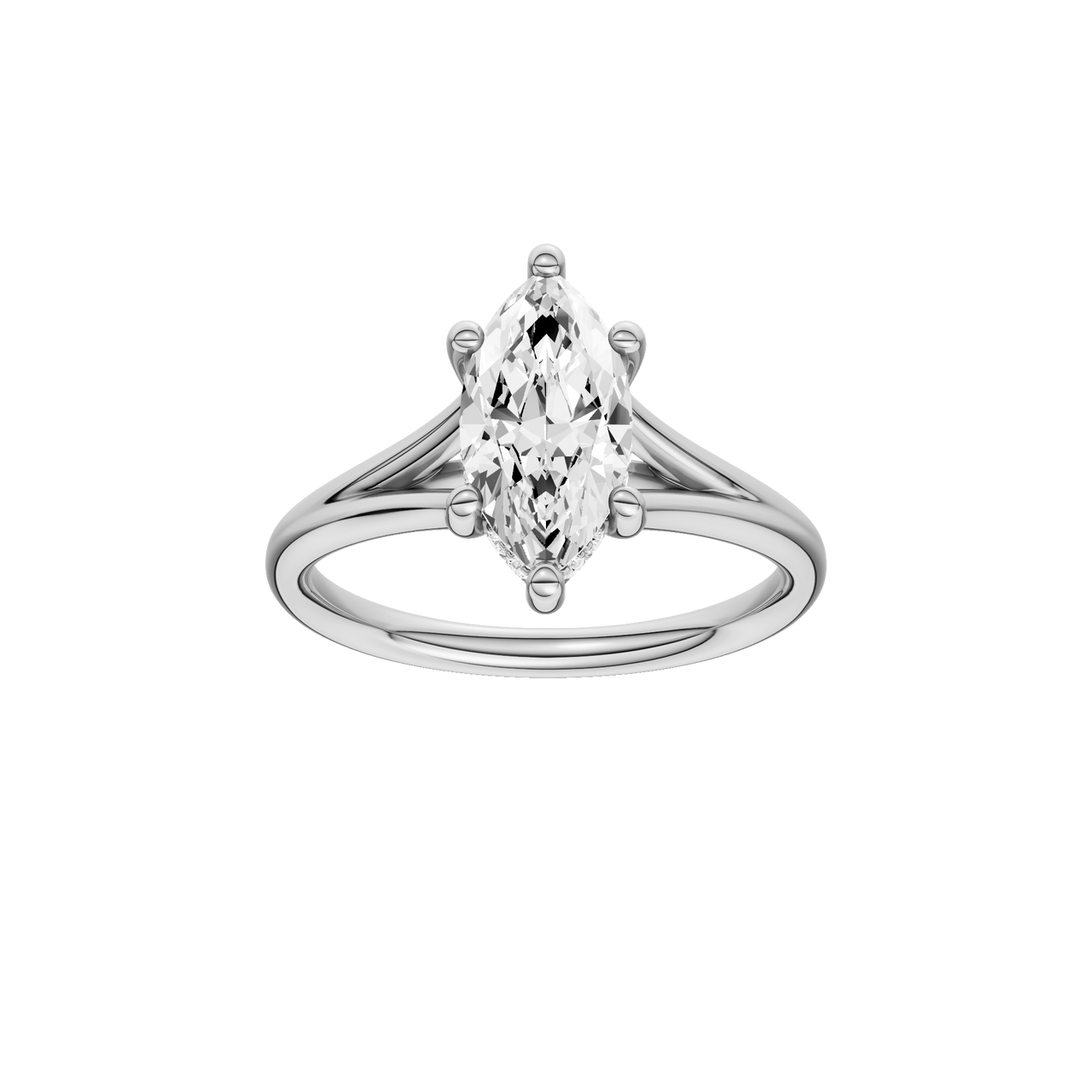 A front view of the Marquise cut diamond engagement ring in platinum with a plain band and hidden halo setting