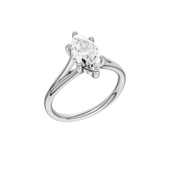 A three-quarter view of the Marquise cut diamond engagement ring in 14k white gold with a plain band and hidden halo setting