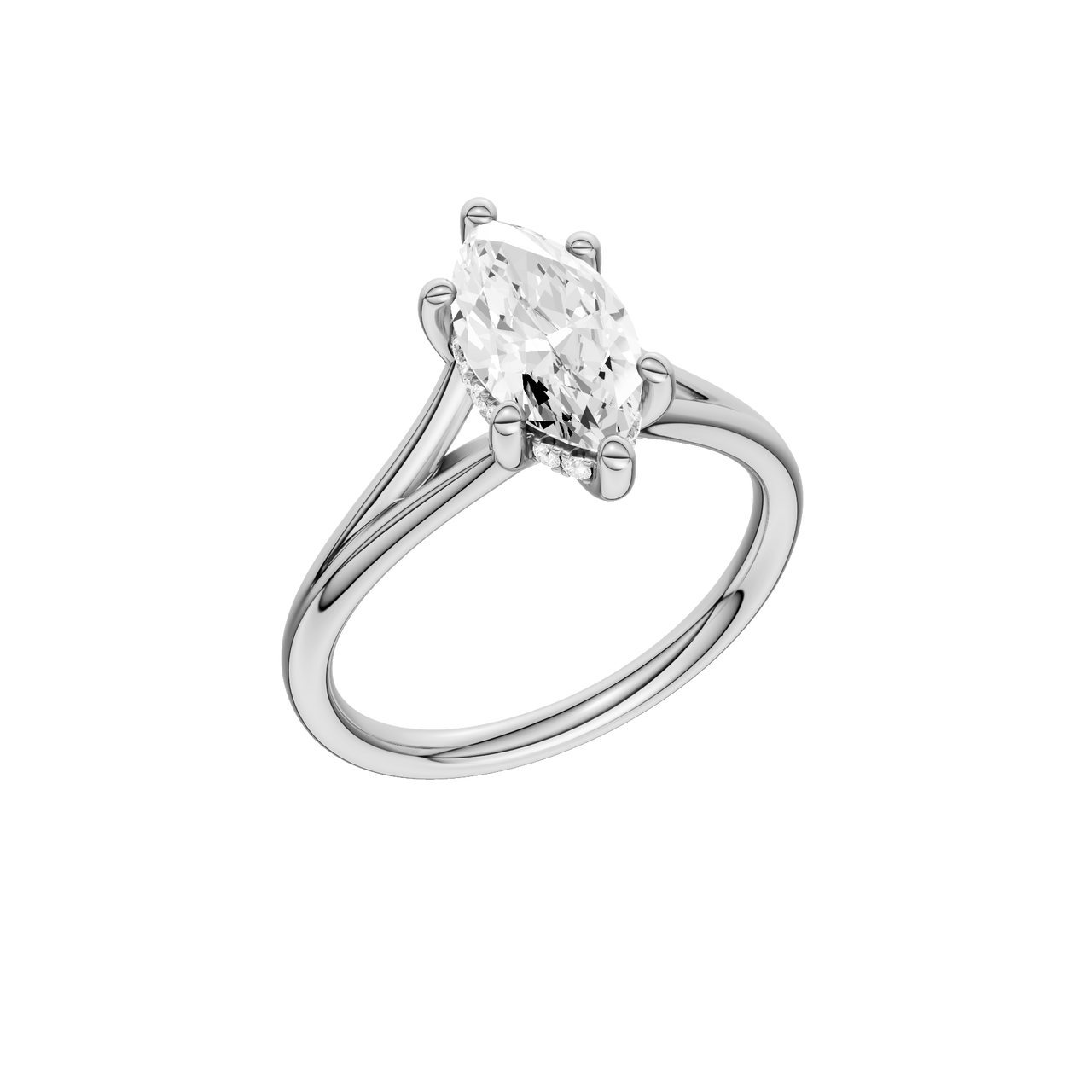 A three-quarter view of the Marquise cut diamond engagement ring in platinum with a plain band and hidden halo setting
