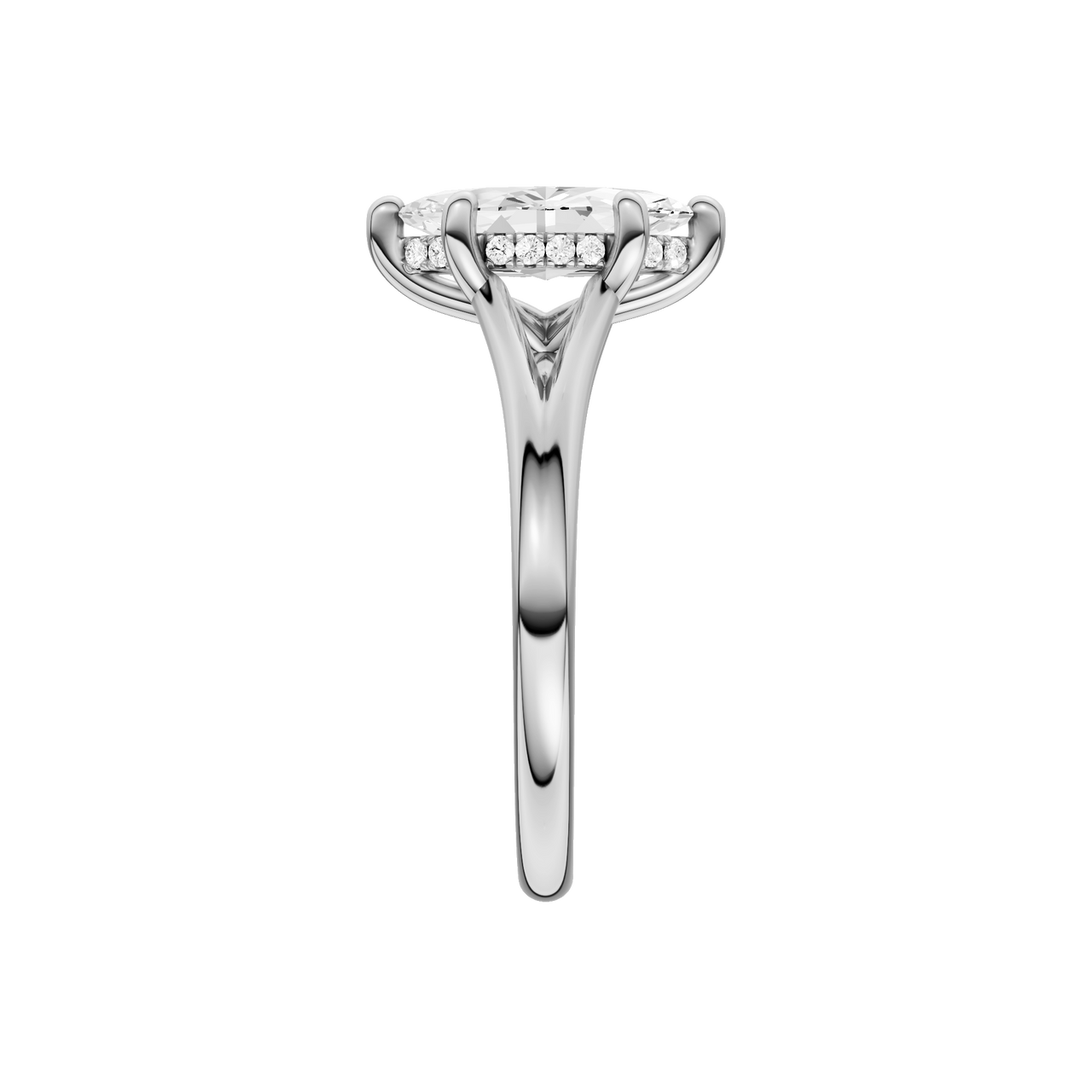 A side view of the Marquise cut diamond engagement ring in 14k white gold with a plain band and hidden halo setting