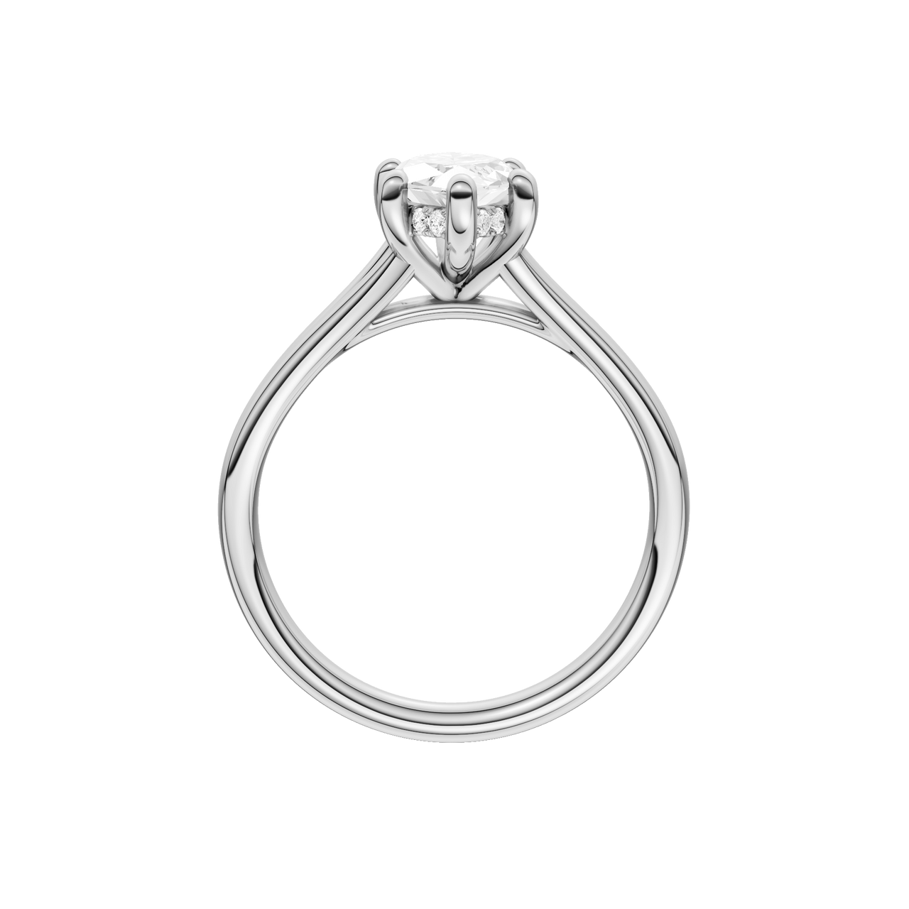 A profile view of the Marquise cut diamond engagement ring in platinum with a plain band and hidden halo setting