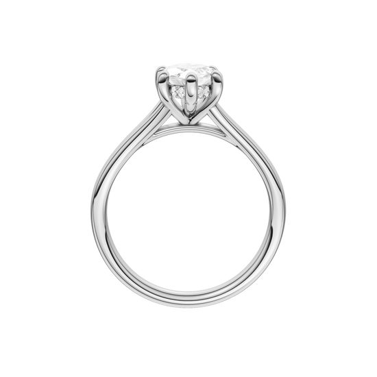 A profile view of the Marquise cut diamond engagement ring in 14k white gold with a plain band and hidden halo setting