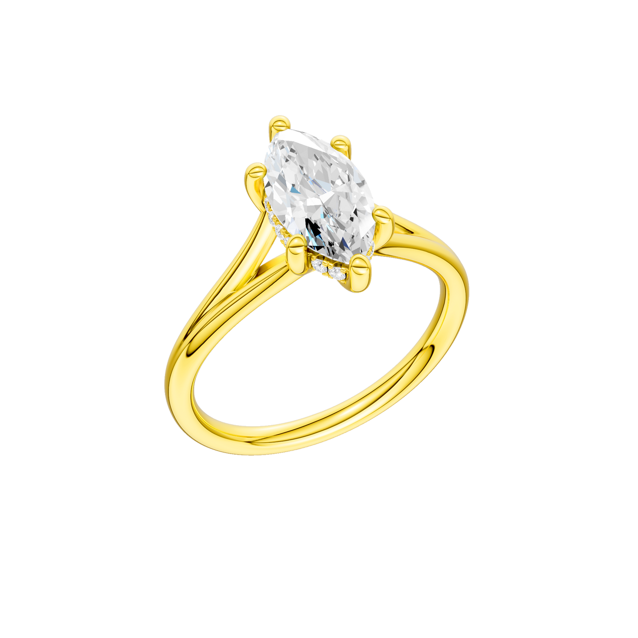 A three-quarter view of the Marquise cut diamond engagement ring in 14k yellow gold with a plain band and hidden halo setting