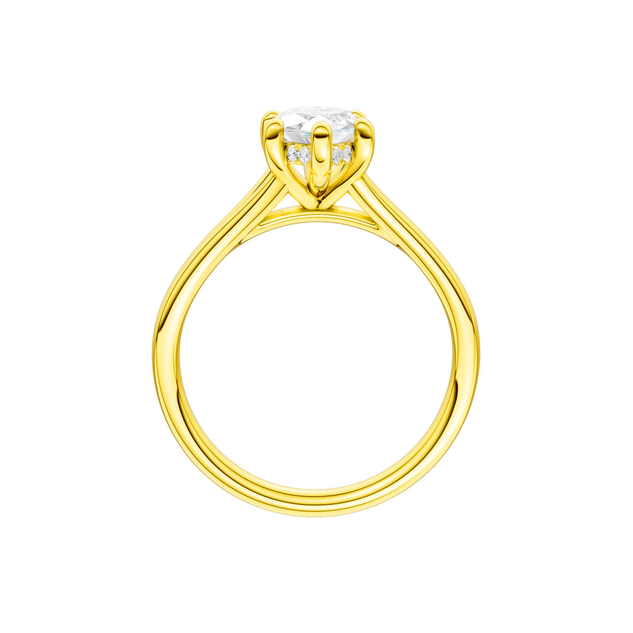 A profile view of the Marquise cut diamond engagement ring in 14k yellow gold with a plain band and hidden halo setting