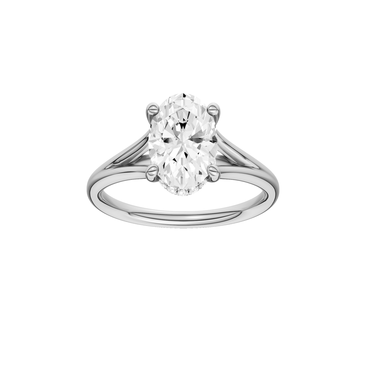 A front view of the Oval cut diamond engagement ring in platinum with a plain band and hidden halo setting